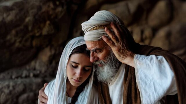 An old man, father, prophet, gives instructions to a young woman, daughter. Comforts in sorrow. Biblical ancient times, peoples of the Middle East. Joseph and Mary, Esther and Mordecai.