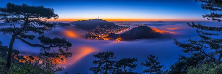 Tranquil Cityscape at Twilight, Seas of Fog, Distant City Lights, Majestic Mountain Peaks