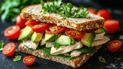Delicious chicken avocado sandwich on whole wheat bread with tomatoes and spinach.