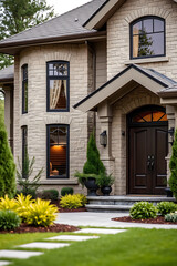 Luxury Home Exterior: Elegant Stone Architecture and Landscaping