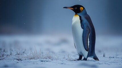 Fototapeta premium Majestic king penguin standing on snowy ground, facing right, in cold weather.