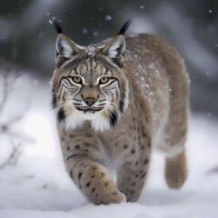 Obraz premium Lynx (Lynx Lynx) in a wintry setting in the forest, with snowfall, ai generated