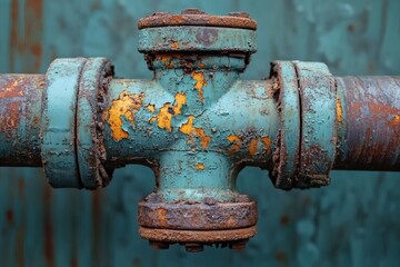 Close-up of a rusty, teal and yellow painted cross pipe fitting against a teal background.