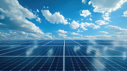 Solar panels installed on roof top on blue sky background. Power plant using renewable solar energy with sun