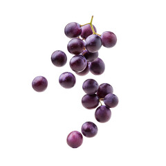 cluster of purple grapes falling isolated on transparent white background
