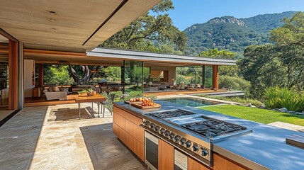 Fototapeta premium Modern outdoor kitchen with mountain view.