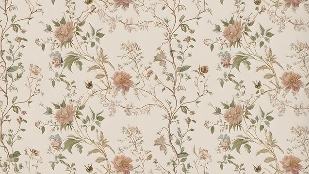 Vintage Floral Wallpaper Pattern &ndash; Elegant Botanical Design with Delicate Flowers and Vines &ndash; Classic Decorative Background, AI Generated