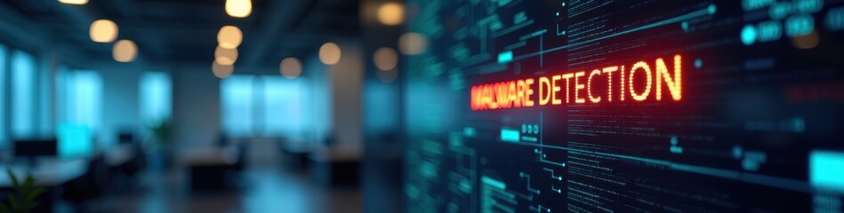 Obraz premium Red malware detection alert glowing on a digital display in a modern high-tech office, urgency in cybersecurity concept. Futuristic Technology LinkedIn Banner