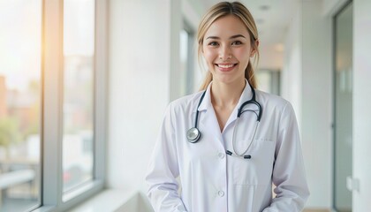 Smiling Female Doctor in White Coat with Stethoscope in Hospital