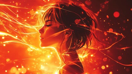 Fiery Woman Portrait: Radiant Abstract Digital Art