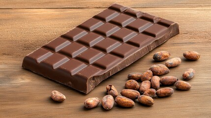 Dark Chocolate Day Concept: Chocolate bar with cocoa beans on a wooden surface.