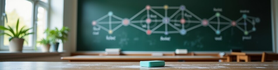 Intricate diagram of a deep learning neural network on a blackboard in a bright classroom, educational concept. Futuristic Technology LinkedIn Banner