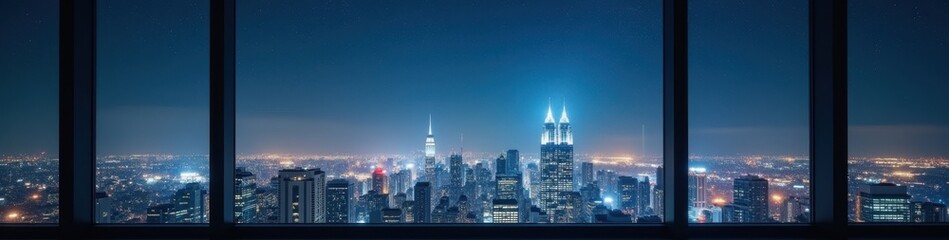 Fototapeta premium Cityscape under starry sky observed from an office window at nighttime, serenity and inspiration concept. Futuristic Technology LinkedIn Banner
