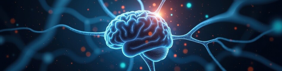 Abstract digital art of neuron connections forming a brain silhouette in a cosmic background, representing neural networks and consciousness. Futuristic Technology LinkedIn Banner