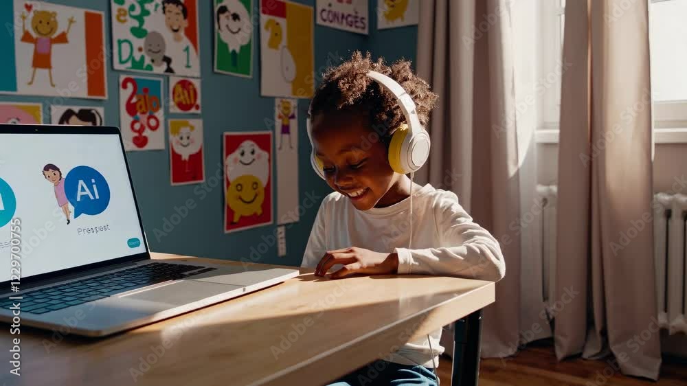 Fototapete child engages in interactive learning with computer in colorful room