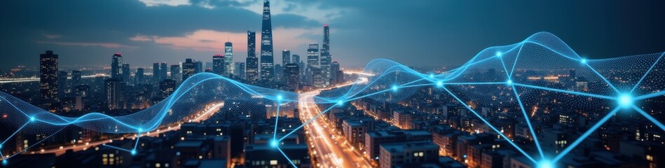 Futuristic cityscape illuminated at dusk with 3D-rendered neural network patterns overlaying its skyline, symbolizing technology and innovation. Futuristic Technology LinkedIn Banner