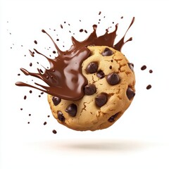Fototapeta premium flying chocolate chip cookie with melted chocolate splashes, isolated on a white background