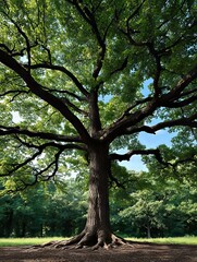 A large tree in the middle of a grassy field