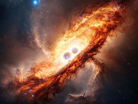 Stunning Cosmic Nebula with Vibrant Colors and Twin Stars Surrounded by Interstellar Gas and Dust in Deep Space