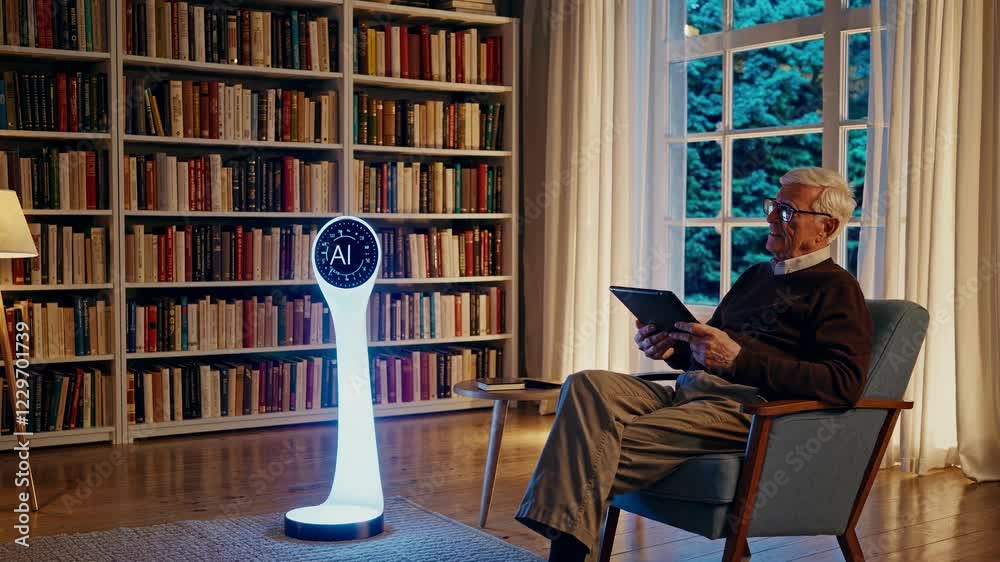 Poster elderly man interacts with futuristic hologram in a cozy library setting