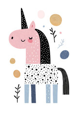Cute cartoon unicorn with mane and horn illustration isolated on white background