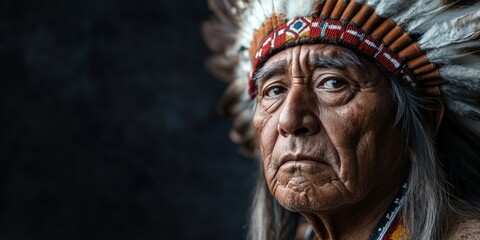 Obraz premium A dignified Native American chief in traditional feathered headdress, showcasing cultural pride and history. Perfect for educational or cultural themes.