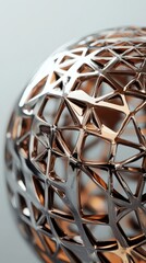 Obraz premium Close-up of a metallic sphere showcasing intricate geometric patterns and reflective surfaces, set against a soft, neutral background.