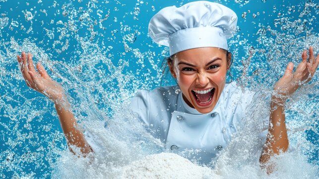 Excited female chef in white uniform surrounded by splashing water and flour.