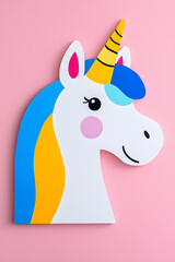 Cute cartoon unicorn with mane and horn illustration on pink  background