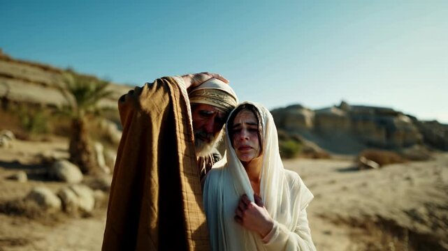 An elderly couple from biblical times, Abraham and Sarah. Can be used for religious publications