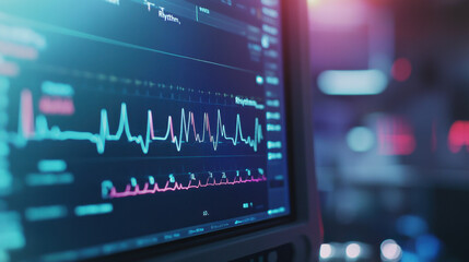 Close-up view of an ECG monitor displaying vital signs in a hospital setting during a medical evaluation