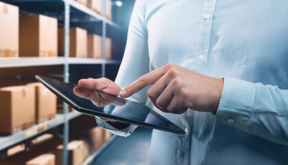 Hand pointing with its index finger to an electronic tablet. In the background a warehouse with boxes on shelves.