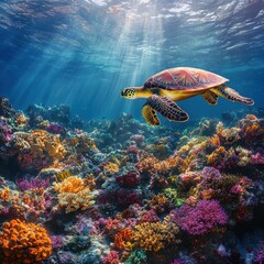 Fototapeta premium Vibrant Underwater Scene with Sea Turtle Swimming Over Colorful Coral Reef and Soft Sunlight Filtering Through Ocean Depths