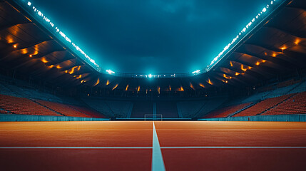 Naklejka premium Empty Stadium Night Modern Architecture Design Soccer Field game goal blue dark arena event venue 