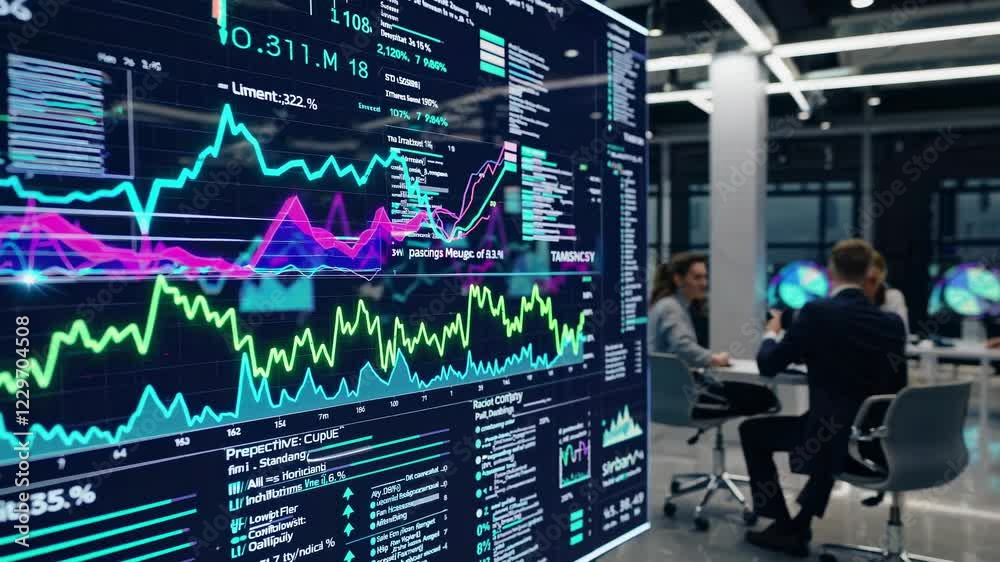 Fototapete futuristic data analysis in a modern office with holographic displays and vfx elements for enhanced 