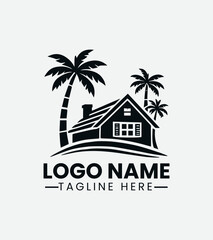 Obraz premium Minimalist Palm Tree House Logo Design, Modern Palm House Logo, Tropical House Icon, Beach House Symbol, Island Living Logo