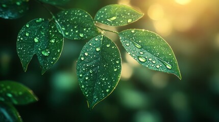 Close-up of water droplets on vibrant green leaves at sunset