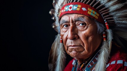 Obraz premium A dignified Native American chief in traditional feathered headdress, showcasing cultural pride and history. Perfect for educational or cultural themes.