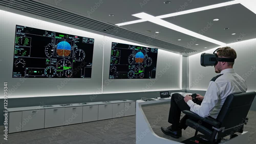 Poster Pilot training in a futuristic virtual reality simulator with advanced HUD interface