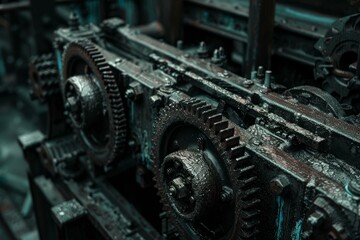 Fototapeta premium Close up of rusty gears rotating in an old industrial machine, showcasing the intricate mechanics and the effects of time and use