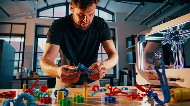 Innovative creator designs futuristic models with colorful building blocks and 3D printing technology