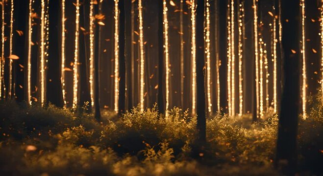 Mystical forest illuminated with twinkling lights among lush greenery