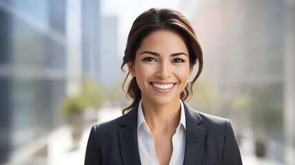 Smiling Hispanic businesswoman in a blurred background.