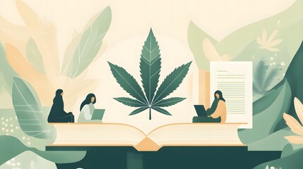 A flat illustration for Marijuana Awareness Month, featuring a serene nature-inspired scene with a cannabis leaf symbol, people learning about its uses and benefits, and books or charts