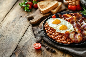 Indulging in a hearty english breakfast with sausages and bacon at a rustic kitchen table capturing the delightful morning meal experience in a cozy atmosphere