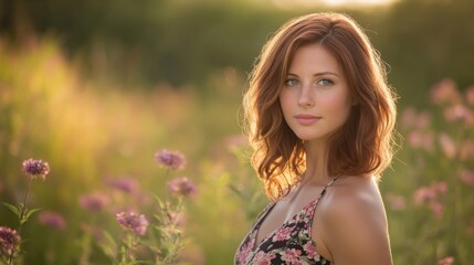 Radiant Woman in a Floral Dress, bathed in Sunlight