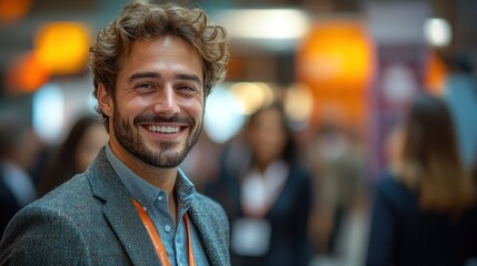 Obraz premium Smiling man at business event with blurred background