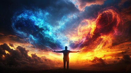 Man standing on hilltop with arms outstretched against a clear blue sky during daytime