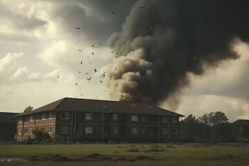 A tornado passes over housing estate with great destructive force, AI generated