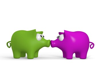 Two piggy bank kissing on a white background